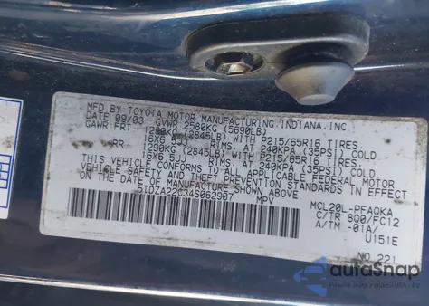 2004 Toyota Sienna Xle из США, поврежденный, VIN 5TDZA22C34S062907